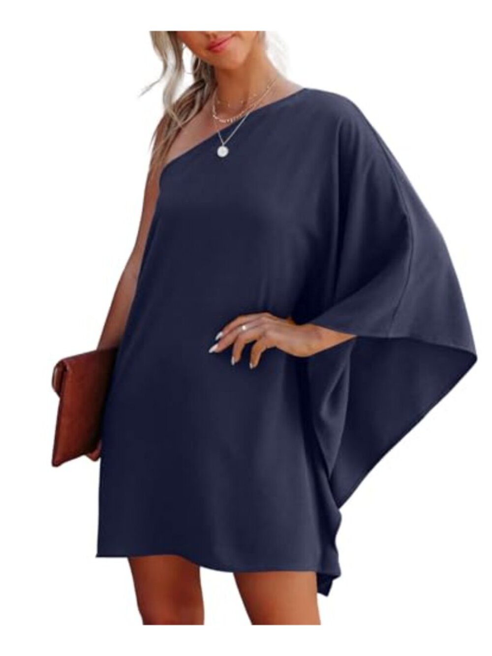 One Shoulder Batwing Sleeve Flowy Mini Cocktail Wedding Guest Dress